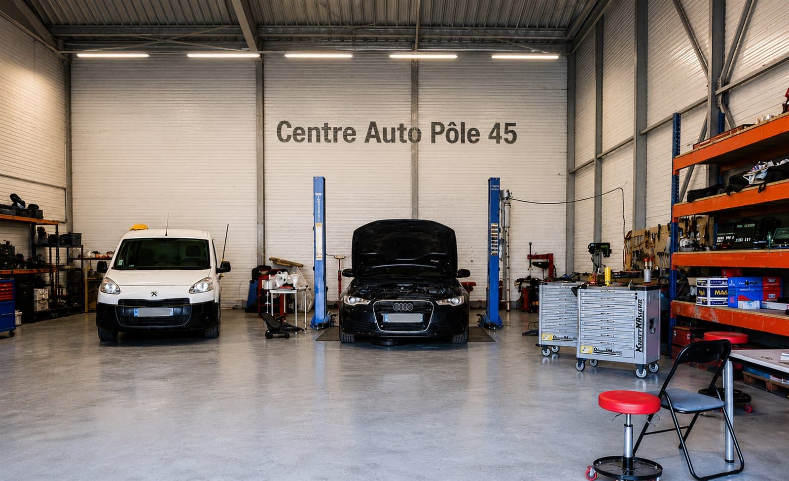 Atelier Centre Auto Pôle 45 avec véhicule en intervention